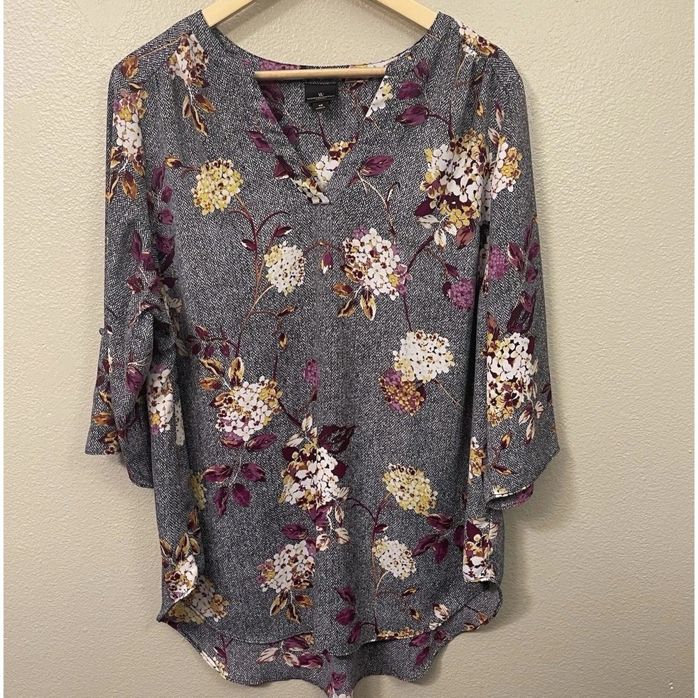 Worthington Floral Short Sleeve Top Roll Tab Sleeve Flowy Romantic Plus Size 1X